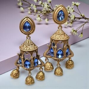 Mughal Jumka Matte Gold Sapphire Crystal Bell Dangle Statement Earrings